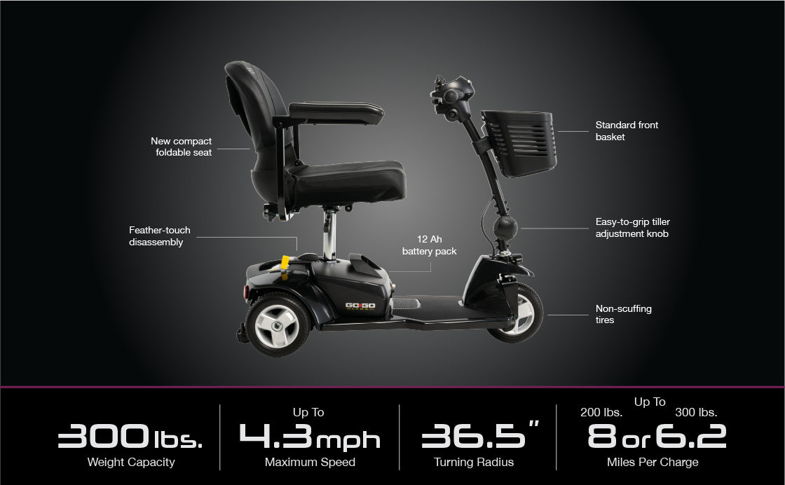 Go Go Ultra X 3-Wheel Scooter – One-Hand Disassembly, 300 lb Weight Capacity, and Convenient Drop-In Battery Box