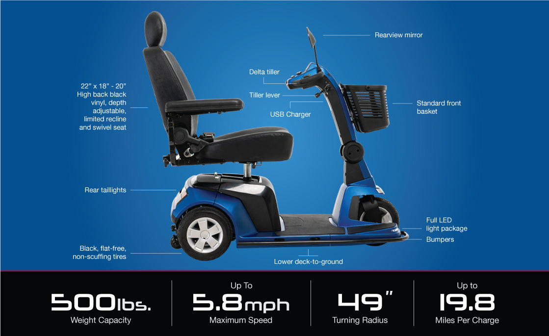 Maxima 3-Wheel Heavy-Duty Scooter – Infinite Position Tiller, High-Back Swivel Seat, with Power Elevating Seat