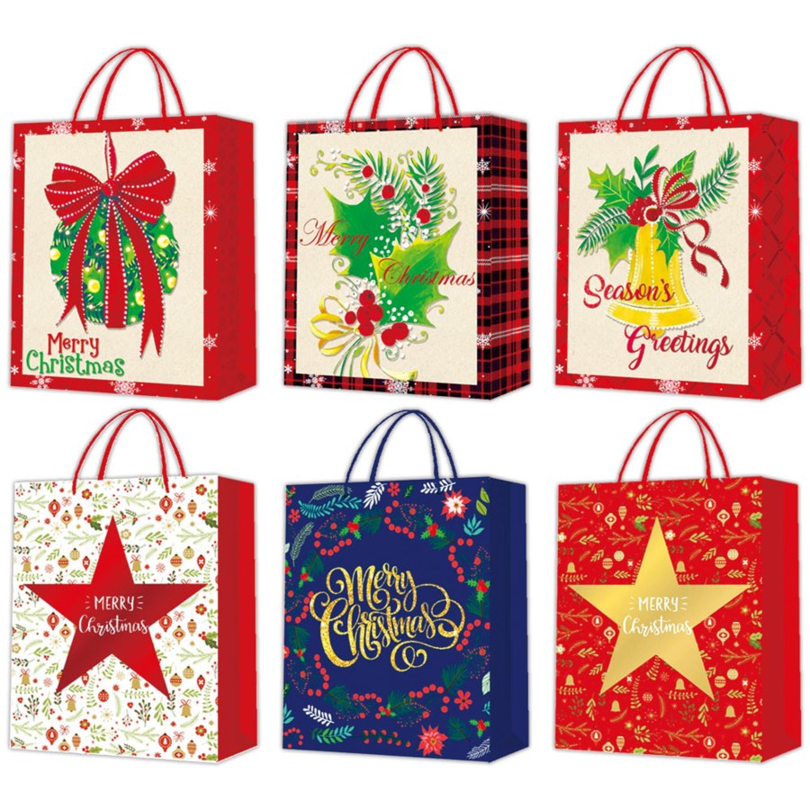 Festive Variety: 6-Pack of Medium Christmas Bags - 4 Designs, 10.5" x 13" x 5.5"