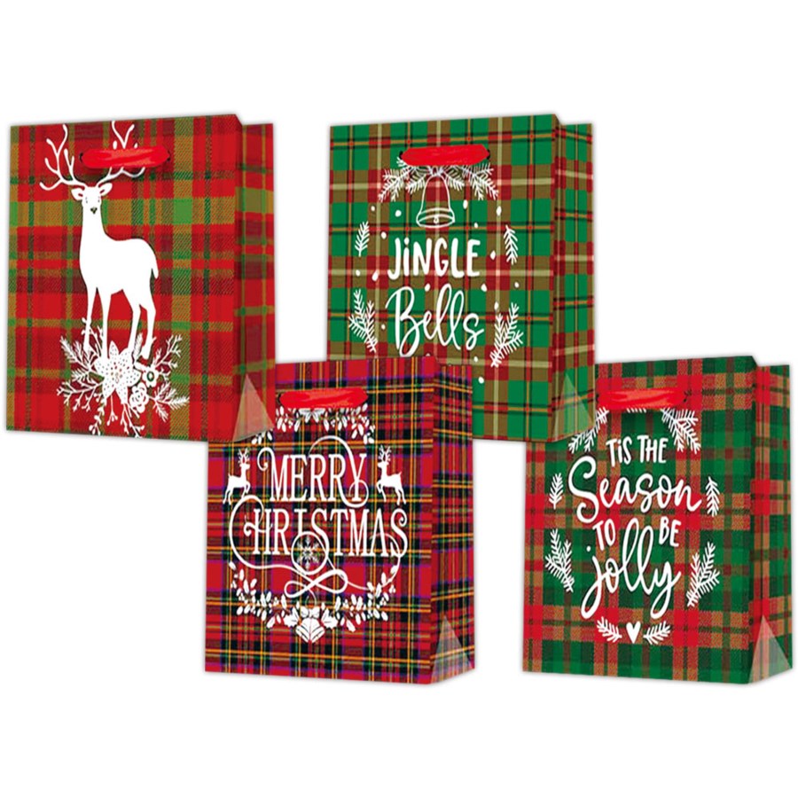 Festive Variety 4-Pack of Medium Christmas Bags Assorted Designs, 10.5" x 13" x 5.5"