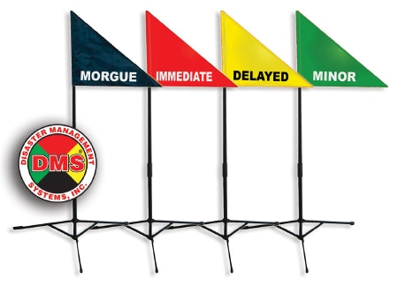 Treatment Area Flag Kit (1)Red, Immediate Flag, (1) Yellow, Delayed Flag, (1) Green, Minor Flag, (1) Black, Morgue Flag, (4) Fold-Up Tripod Bases, (4) Telescopic Poles, (1)Durable Carry Bag