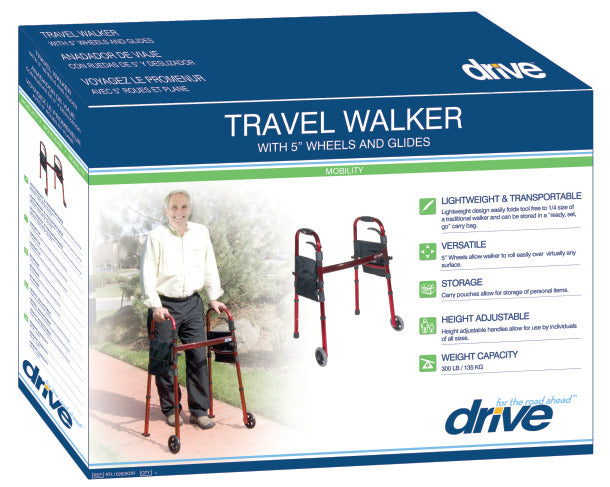 Deluxe Folding Travel Walker with 5" Wheels in Red Compact, Portable, and Tool-Free Folding