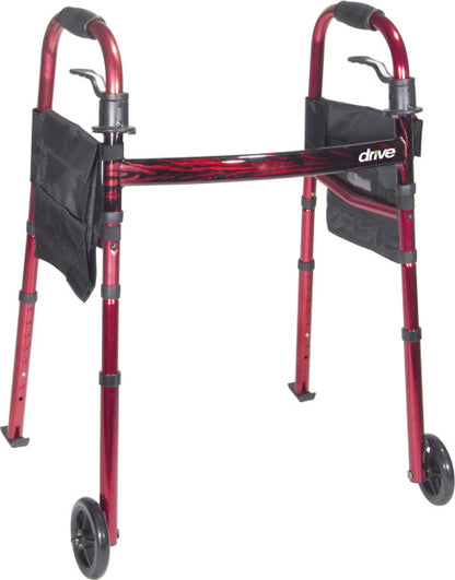 Deluxe Folding Travel Walker with 5" Wheels in Red Compact, Portable, and Tool-Free Folding
