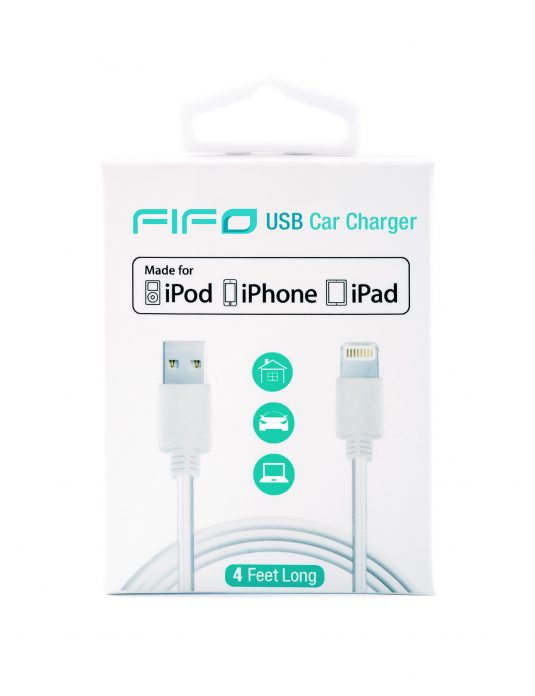 Dual USB Apple Certified FIFO COLORS USB Car Charger Made for iPod, iPhone, and iPad - 4FT Long