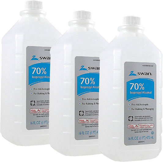 SWAN 70% Isopropyl Rubbing Alcohol 16oz - 3 Pack - Pint Size for Versatile Disinfection