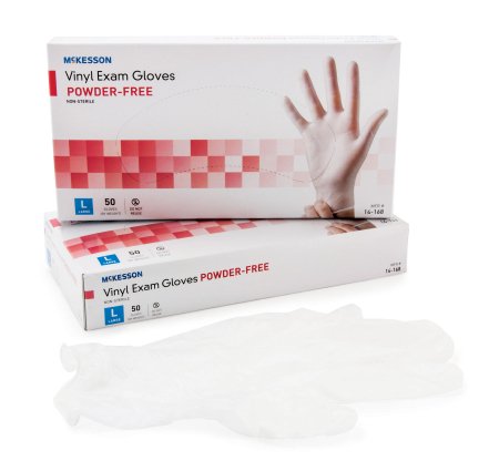 McKesson Confiderm Vinyl Exam Gloves Large Size (Box of 50) - Powder-Free, Smooth Clear, Not Chemo Approved