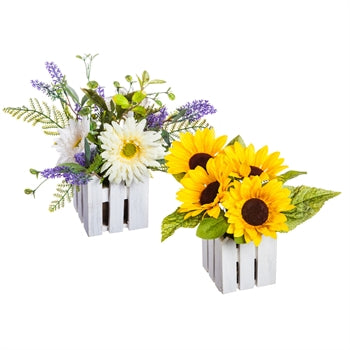 Sunflower & Gerber Daisy White Fence Pot Set Lifelike Faux Plants, Set of 2