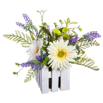 Sunflower & Gerber Daisy White Fence Pot Set Lifelike Faux Plants, Set of 2