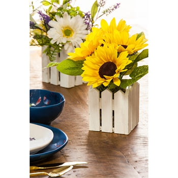Sunflower & Gerber Daisy White Fence Pot Set Lifelike Faux Plants, Set of 2