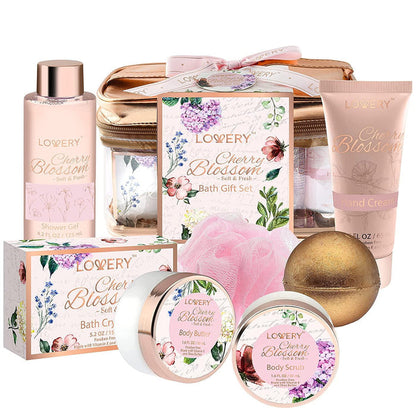 Lovery Gift Basket in Cherry Blossom Home Bath Set 8Pc Relaxation Gift for Her