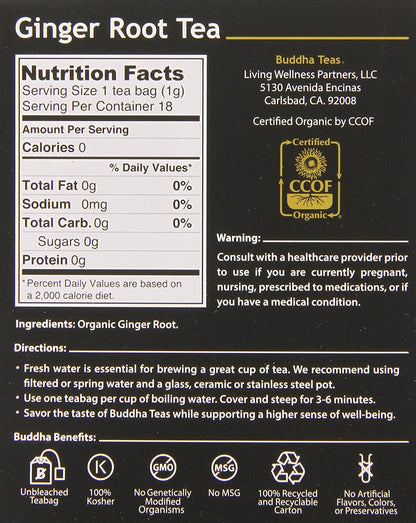 Ginger Root Tea - 18 Bags Warming Elixir with Amino Acids, Vitamins & Minerals - 100% Organic