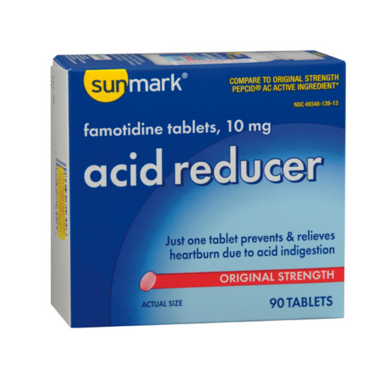 Sunmark Famotidine Tablets 10 mg - 90 Tablets/Box Effective Acid Reducer for Heartburn Relief