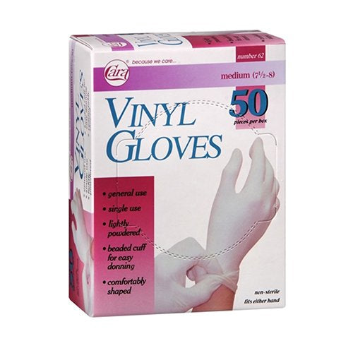 Care Vinyl Exam Gloves Large Size (Box of 50) - Powder-Free, Single Use, Beaded Cuff for Easy Donning