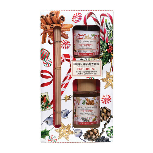 Holiday Bliss Peppermint Home Fragrance Diffuser & Votive Candle Gift Set