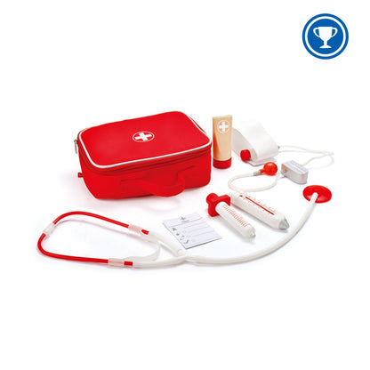 Hape Doctor on Call Wooden Toddler Role Play Set - Inspire Imaginative Play with 7 Accessories in Red
