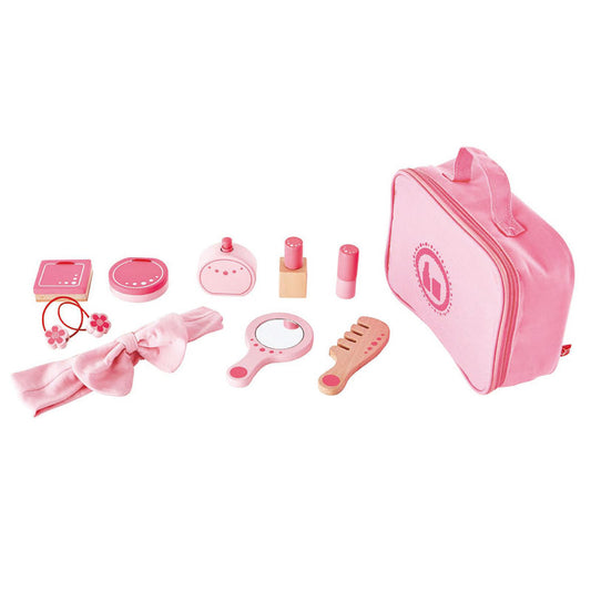 Hape Beauty Belongings Pretend Play Kit with Hair Brush, Mirror, Lipstick, Hairdryer, Nail Polish, and Powder in a Stylish Pink Bag