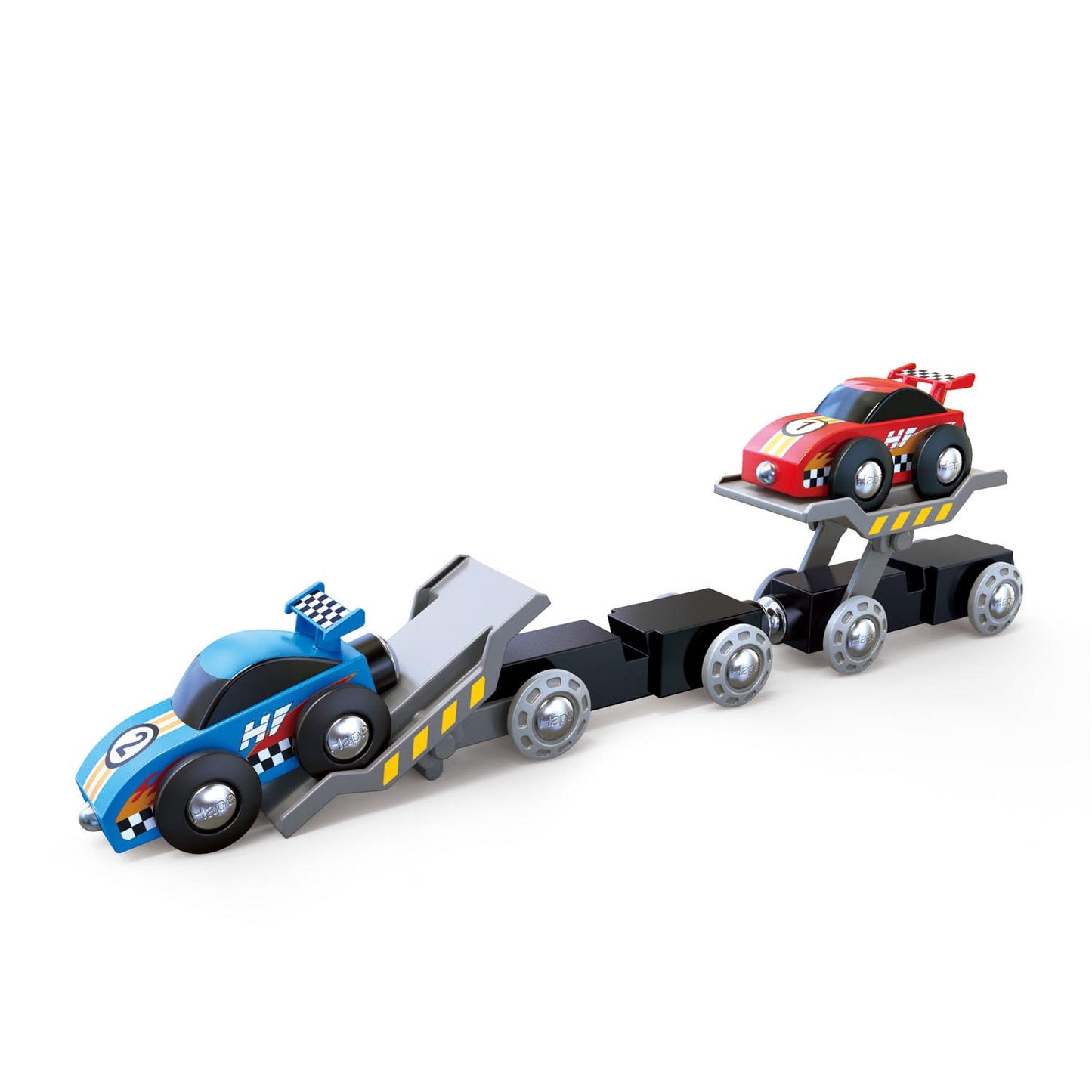 Hape 6-Piece Car Transporter Set with Foldable Loading Ramp - Inspire Creative Play in Budding Motor Enthusiasts