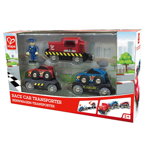Hape 6-Piece Car Transporter Set with Foldable Loading Ramp - Inspire Creative Play in Budding Motor Enthusiasts