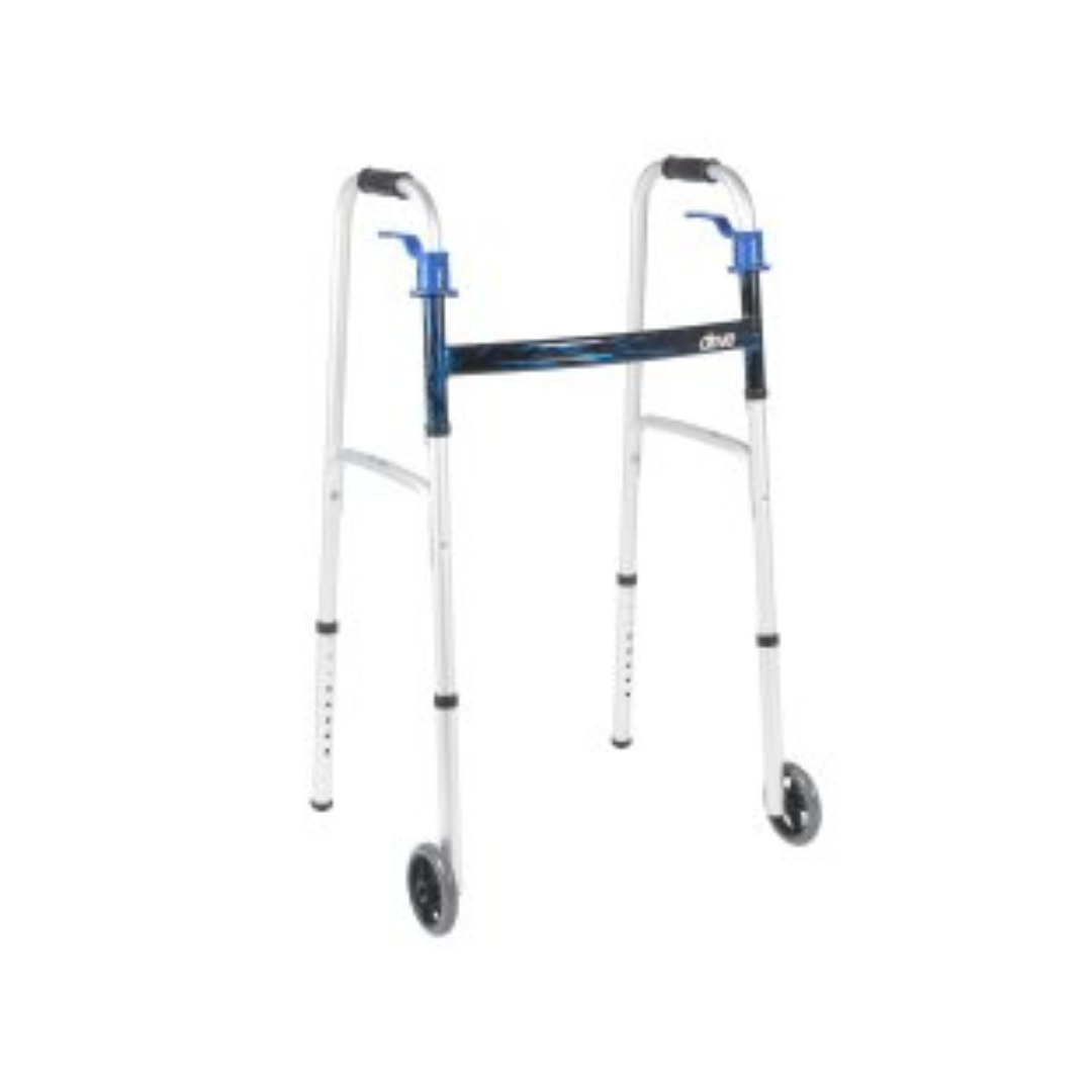 Front Wheeled Walker Folding Deluxe With 2 Button And 5" Wheels, Adjustable Height (Short, Standard, Tall People)