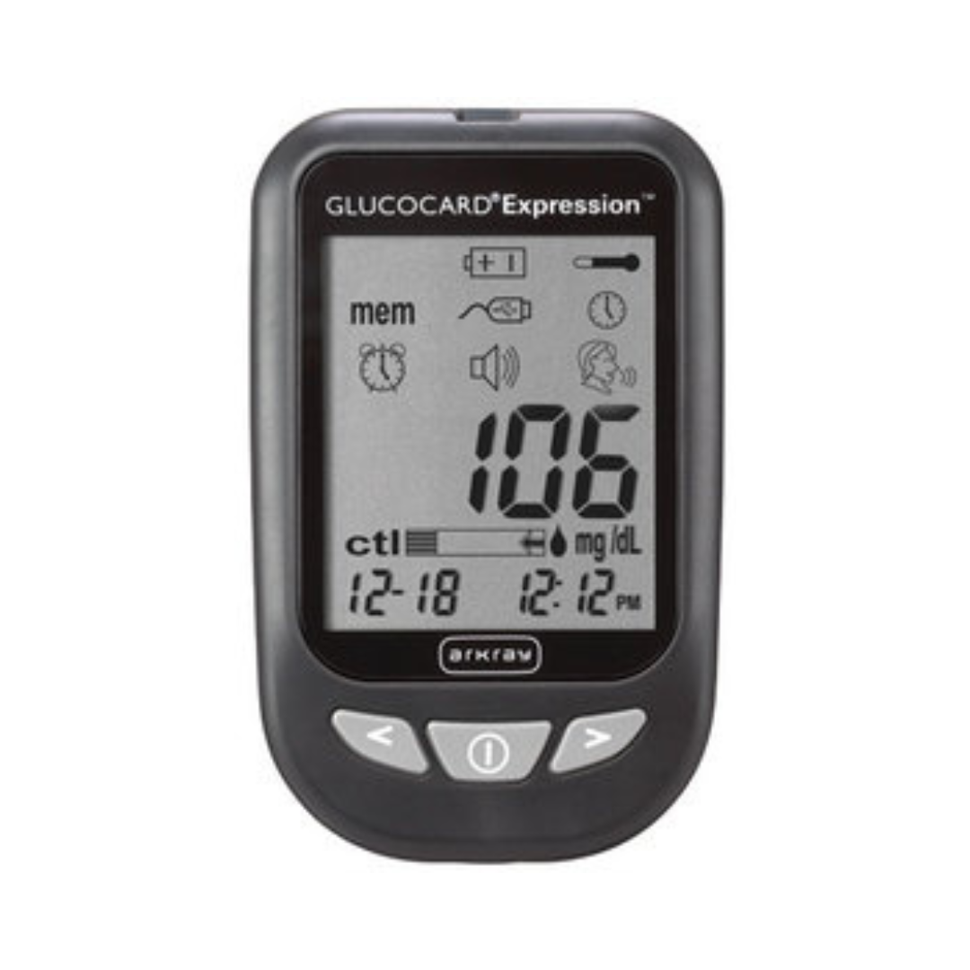 Glucocard Expression Blood Glucose Monitor - Audible, Auto-Coding, Bilingual Voice Function