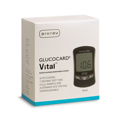 Glucocard Vital Blood Glucose Monitor Fingertip Testing, 250-Result Storage, 14 and 30 Day Averaging
