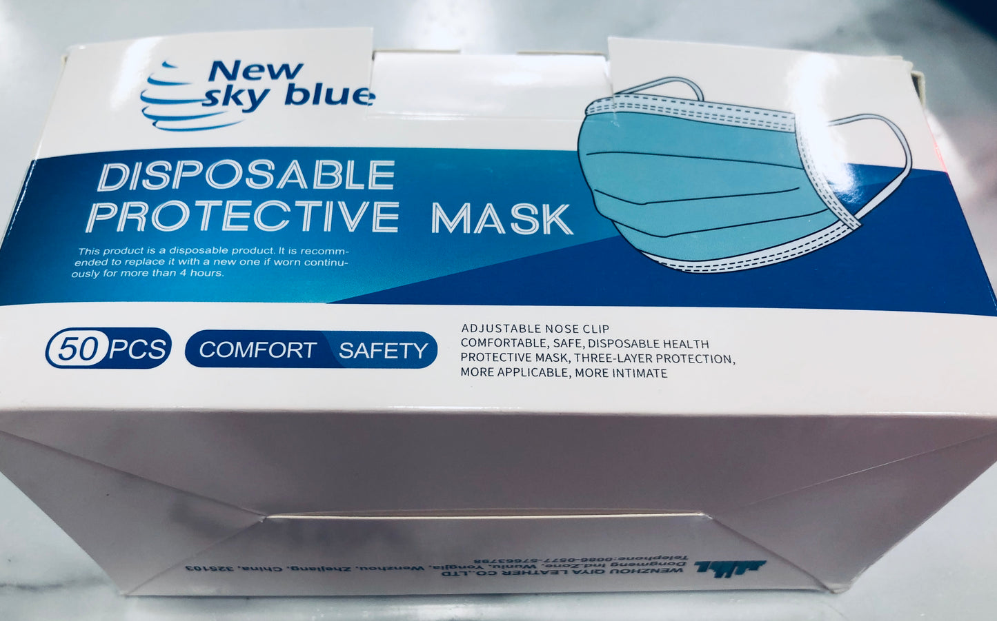 Sky Blue Disposable Protective Mask 50pcs - Comfort & Safety with Adjustable Nose Clip