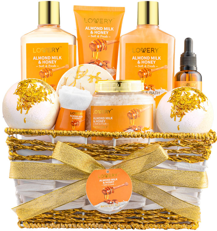 Luxe Almond Milk & Honey Spa Gift Basket - 10Pc Home Bath Kit