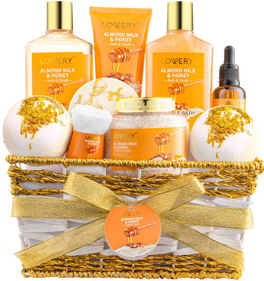 Luxe Almond Milk & Honey Spa Gift Basket - 10Pc Home Bath Kit for Ultimate Relaxation