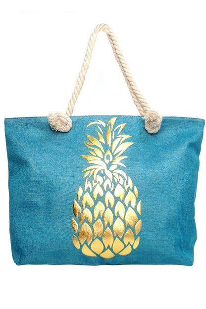 Tropical Bliss Blue and Gold Pineapple Ladies Tote Bag