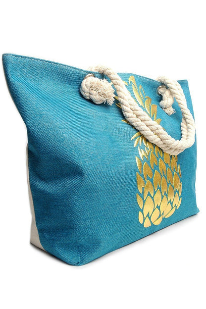 Tropical Bliss Blue and Gold Pineapple Ladies Tote Bag