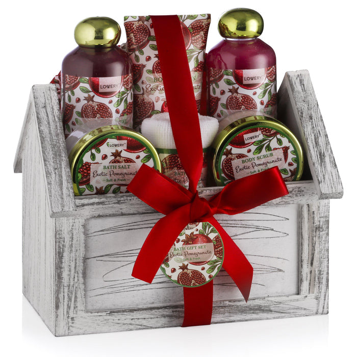 Exotic Pomegranate Home Bath Gift Set 8Pc Spa Kit in Rustic Wooden Crate