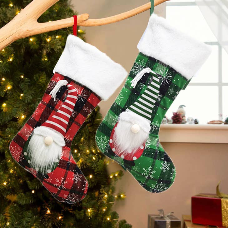 2Pcs Christmas Stockings Xmas Gnomes Plaid Holiday Stockings Festive Decor Set