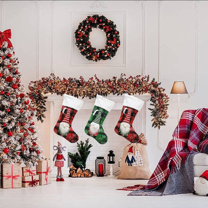 2Pcs Christmas Stockings Xmas Gnomes Plaid Holiday Stockings Festive Decor Set