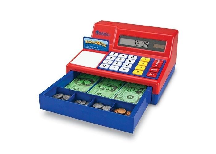 Interactive Pretend & Play Cash Register Educational Toy with Solar Calculator and Life-Size Money