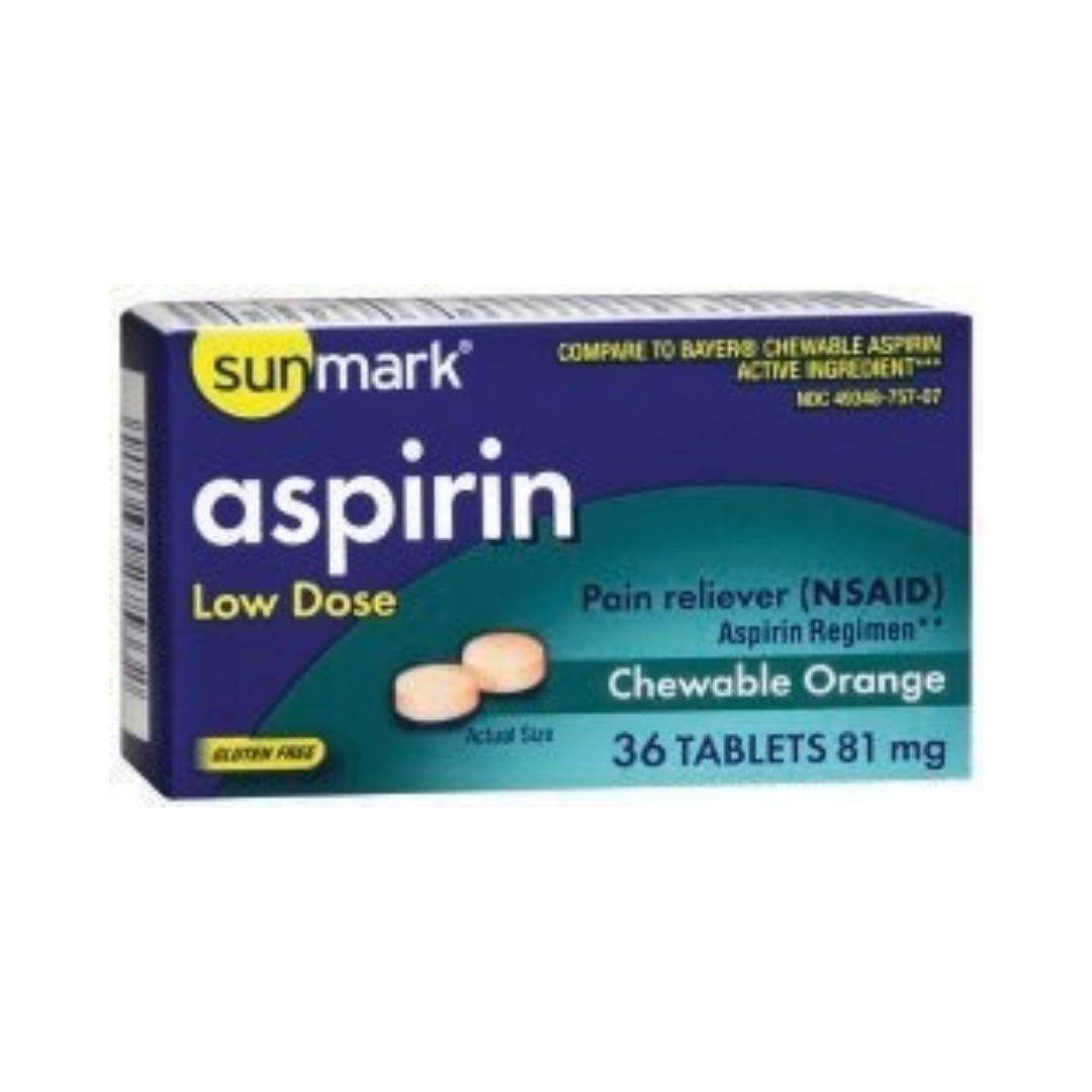 Sunmark Aspirin Chewable Tablets BX/36 Convenient and Orange-Flavored Pain Relief