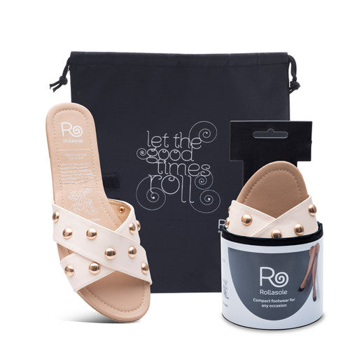 Rollasole Sandstorm Cream Studded Folded Sandals for Ultimate Comfort