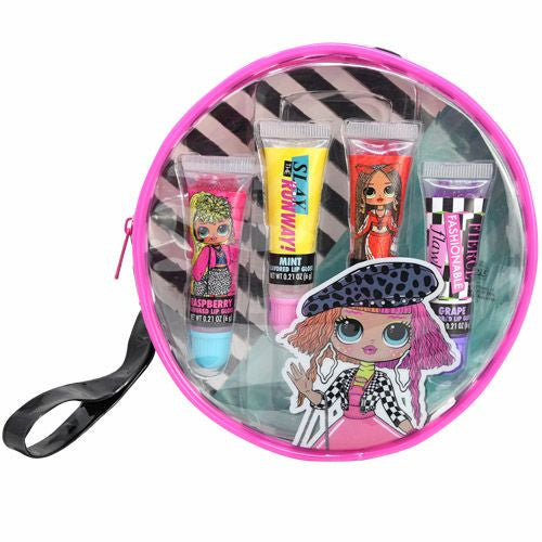 LOL OMG 4 Packs Lip Gloss Tubes Flavored and Shiny Girls' Lip Gloss Set with Cute Wristlet